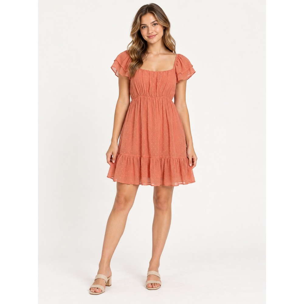 Rewind Girls Orange Smoothie Swiss Dot Flutter Sleeve Ruffle Dress Size L NWT